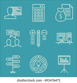 Set Of Project Management Icons On Creativity, Statistics, Workspace And More. Premium Quality EPS10 Vector Illustration For Mobile, App, UI Design.