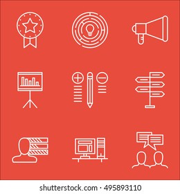 Set Of Project Management Icons On Decision Making, Personal Skills, Computer And More. Includes Presentation, Computer, Present Badge And Other Vector Icons.