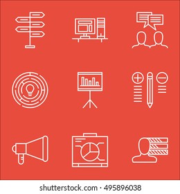 Set Of Project Management Icons On Decision Making, Announcement, Personal Skills And More. Includes Opportunity, Innovation, Announcement And Other Vector Icons.