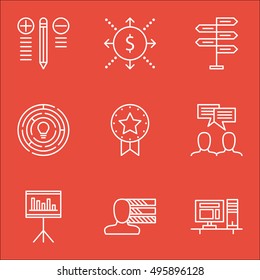 Set Of Project Management Icons On Computer, Money, Discussion And More. Includes Present Badge, Personal Skills, Money And Other Vector Icons.