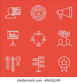 Set Of Project Management Icons On Discussion, Personal Skills, Collaboration And More. Includes Decision Making, Opportunity, Present Badge And Other Vector Icons.