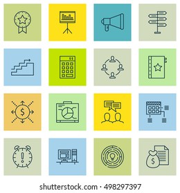 Set Of Project Management Icons On Collaboration, Computer, Opportunity And More. Includes Schedule, Present Badge, Money And Other Vector Icons.