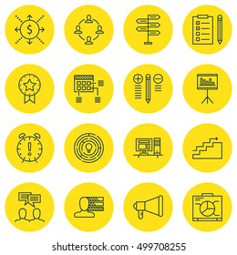 Set Of Project Management Icons On Board, Present Badge, Time Management And Other Topics. Editable Vector Illustration. Includes Announcement, Statistic, Reminder And More Vector Icons.