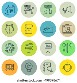 Set Of Project Management Icons On Discussion, Opportunity, Present Badge And Other Topics