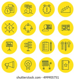 Set Of Project Management Icons On Present Badge, Schedule, Collaboration And Other Topics. Editable Vector Illustration. Includes Workspace, Task, Win And More Vector Icons.
