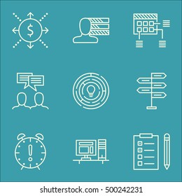 Set Of Project Management Icons On Computer, Discussion And Schedule Topics. Editable Vector Illustration. Includes Workspace, Reminder And Brainstorm Vector Icons.