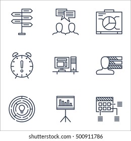 Set Of Project Management Icons On Time Management, Discussion And Presentation Topics. Editable Vector Illustration. Includes Fork, Statistic And Brainstorming Vector Icons.