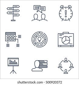 Set Of Project Management Icons On Personal Skills, Presentation And Discussion Topics. Editable Vector Illustration. Includes Schedule, Decision And Project Vector Icons.
