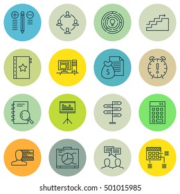 Set Of Project Management Icons On Discussion, Presentation And Schedule Topics. Editable Vector Illustration. Includes Statistic, Date And Quality Vector Icons.