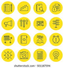 Set Of Project Management Icons On Time Management, Discussion And Reminder Topics. Editable Vector Illustration. Includes Presentation, Report And Plan Vector Icons.