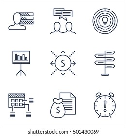 Set Of Project Management Icons On Time Management, Report And Discussion Topics. Editable Vector Illustration. Includes Team, Schedule And Money Vector Icons.