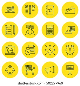 Set Of Project Management Icons On Board, Computer And Discussion Topics. Editable Vector Illustration. Includes Flow, Workspace And Date Vector Icons.