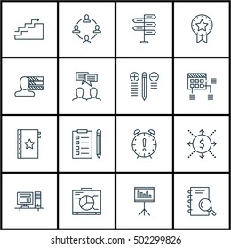 Set Of Project Management Icons On Schedule, Present Badge And Computer Topics. Editable Vector Illustration. Includes Chart, Workspace And Fork Vector Icons.