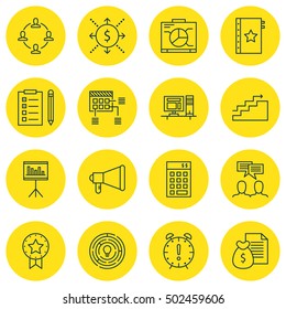 Set Of Project Management Icons On Investment, Present Badge And Money Topics. Editable Vector Illustration. Includes Discussion, Dashboard And Office Vector Icons.