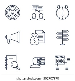 Set Of Project Management Icons On Personal Skills, Schedule And Discussion Topics. Editable Vector Illustration. Includes Time, Team And Skills Vector Icons.
