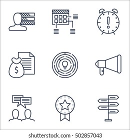 Set Of Project Management Icons On Innovation, Discussion And Report Topics. Editable Vector Illustration. Includes Badge, Award And Schedule Vector Icons.