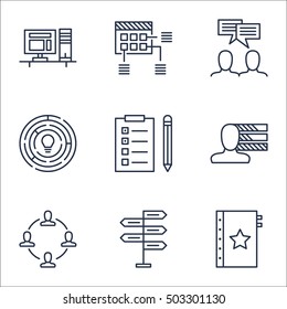 Set Of Project Management Icons On Discussion, Collaboration And Opportunity Topics. Editable Vector Illustration. Includes Workspace, Skills And Teamwork Vector Icons.