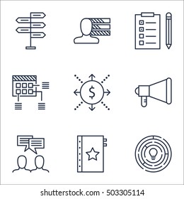 Set Of Project Management Icons On Announcement, Opportunity And Schedule Topics. Editable Vector Illustration. Includes Cash, Plan And Making Vector Icons.