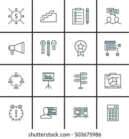 Set Of Project Management Icons On Time Management, Presentation And Present Badge Topics. Editable Vector Illustration. Includes Workspace, Making And Promotion Vector Icons.