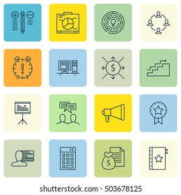 Set Of Project Management Icons On Announcement, Present Badge And Discussion Topics. Editable Vector Illustration. Includes Workspace, Idea And Computer Vector Icons.