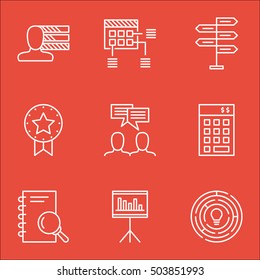 Set Of Project Management Icons On Discussion, Present Badge And Personal Skills Topics. Editable Vector Illustration. Includes Notebook, Schedule And Finance Vector Icons.