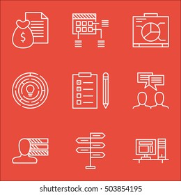 Set Of Project Management Icons On Report, Opportunity And Discussion Topics. Editable Vector Illustration. Includes Decision, Computer And Plan Vector Icons.