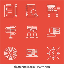 Set Of Project Management Icons On Innovation, Analysis And Schedule Topics. Editable Vector Illustration. Includes Flow, Brainstorm And Cash Vector Icons.