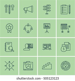 Set Of Project Management Icons On Announcement, Analysis And Computer Topics. Editable Vector Illustration. Includes Idea, Workspace And Dashboard  Elements
