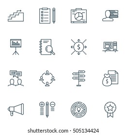 Set Of Project Management Icons On Money, Discussion And Innovation Topics. Editable Vector Illustration. Includes Notebook, Teamwork And Brainstorming Vector Icons.