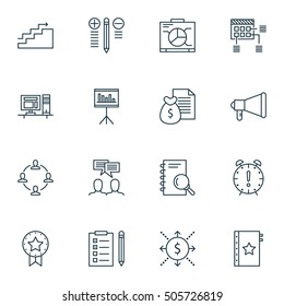 Set Of Project Management Icons On Presentation, Decision Making And Money Topics. Editable Vector Illustration. Includes Advertising, Schedule And Report Vector Icons.