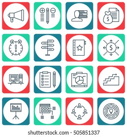 Set Of Project Management Icons On Board, Computer And Announcement Topics. Editable Vector Illustration. Includes Computer, Promotion And Report Vector Icons.