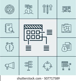 Set Of Project Management Icons On Board, Opportunity And Report Topics. Editable Vector Illustration. Includes Collaboration, Schedule, Time And More