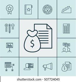 Set Of Project Management Icons On Report, Discussion And Personal Skills Topics. Editable Vector Illustration. Includes Investment, Brainstorm, Statistics And More