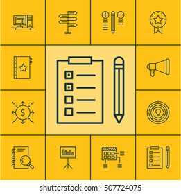 Set Of Project Management Icons On Announcement, Warranty And Innovation Topics. Editable Vector Illustration. Includes Promotion, Money, Notebook And More