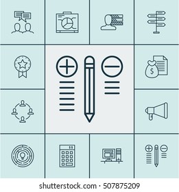 Set Of Project Management Icons On Discussion, Present Badge And Investment Topics. Editable Vector Illustration. Includes Announcement, Right, Revenue And More Vector Icons.
