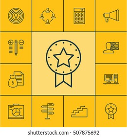 Set Of Project Management Icons On Announcement, Decision Making And Personal Skills Topics. Editable Vector Illustration. Includes Promotion, Teamwork, Badge And More Vector Icons.