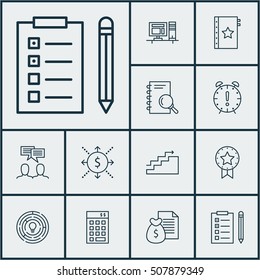 Set Of Project Management Icons On Present Badge, Discussion And Innovation Topics. Editable Vector Illustration. Includes Notebook, Workspace, Research And More Vector Icons.