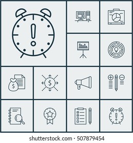 Set Of Project Management Icons On Present Badge, Computer And Board Topics. Editable Vector Illustration. Includes Reminder, Solution, Win And More Vector Icons.