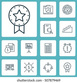 Set Of Project Management Icons On Report, Computer And Present Badge Topics. Editable Vector Illustration. Includes Date, Chart, Time And More Vector Icons.