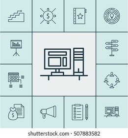 Set Of Project Management Icons On Announcement, Money And Growth Topics. Editable Vector Illustration. Includes Computer, Fork, Brainstorm And More Vector Icons.