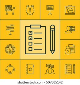 Set Of Project Management Icons On Discussion, Collaboration And Schedule Topics. Editable Vector Illustration. Includes Brainstorming, Report, Money And More Vector Icons.