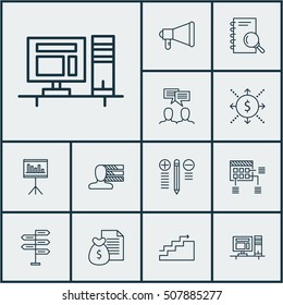 Set Of Project Management Icons On Discussion, Announcement And Presentation Topics. Editable Vector Illustration. Includes Solution, Cash, Advertising And More Vector Icons.