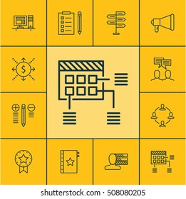 Set Of Project Management Icons On Decision Making, Present Badge And Schedule Topics. Editable Vector Illustration. Includes Money, Advertising, Plan And More Vector Icons.