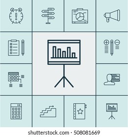 Set Of Project Management Icons On Announcement, Decision Making And Board Topics. Editable Vector Illustration. Includes Schedule, Statistics, Plan And More Vector Icons.