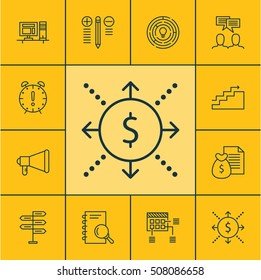 Set Of Project Management Icons On Report, Opportunity And Schedule Topics. Editable Vector Illustration. Includes Money, Promotion, Research And More Vector Icons.