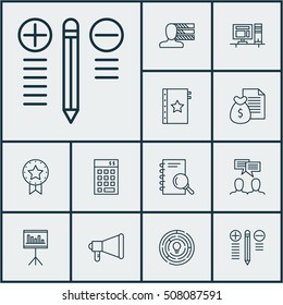 Set Of Project Management Icons On Discussion, Innovation And Warranty Topics. Editable Vector Illustration. Includes Report, Statistics, Money And More Vector Icons.