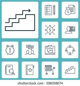 Set Of Project Management Icons On Reminder, Discussion And Collaboration Topics. Editable Vector Illustration. Includes Notebook, Money, Chart And More Vector Icons.