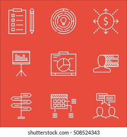 Set Of Project Management Icons On Discussion, Board And Reminder Topics. Editable Vector Illustration. Includes Statistic, Presentation And Dashboard Vector Icons.