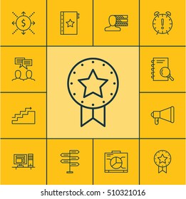 Set Of Project Management Icons On Warranty, Present Badge And Discussion Topics. Editable Vector Illustration. Includes Date, Growth, Goal And More Vector Icons.