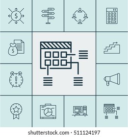 Set Of Project Management Icons On Collaboration, Computer And Growth Topics. Editable Vector Illustration. Includes Time, Presentation, Advertising And More Vector Icons.